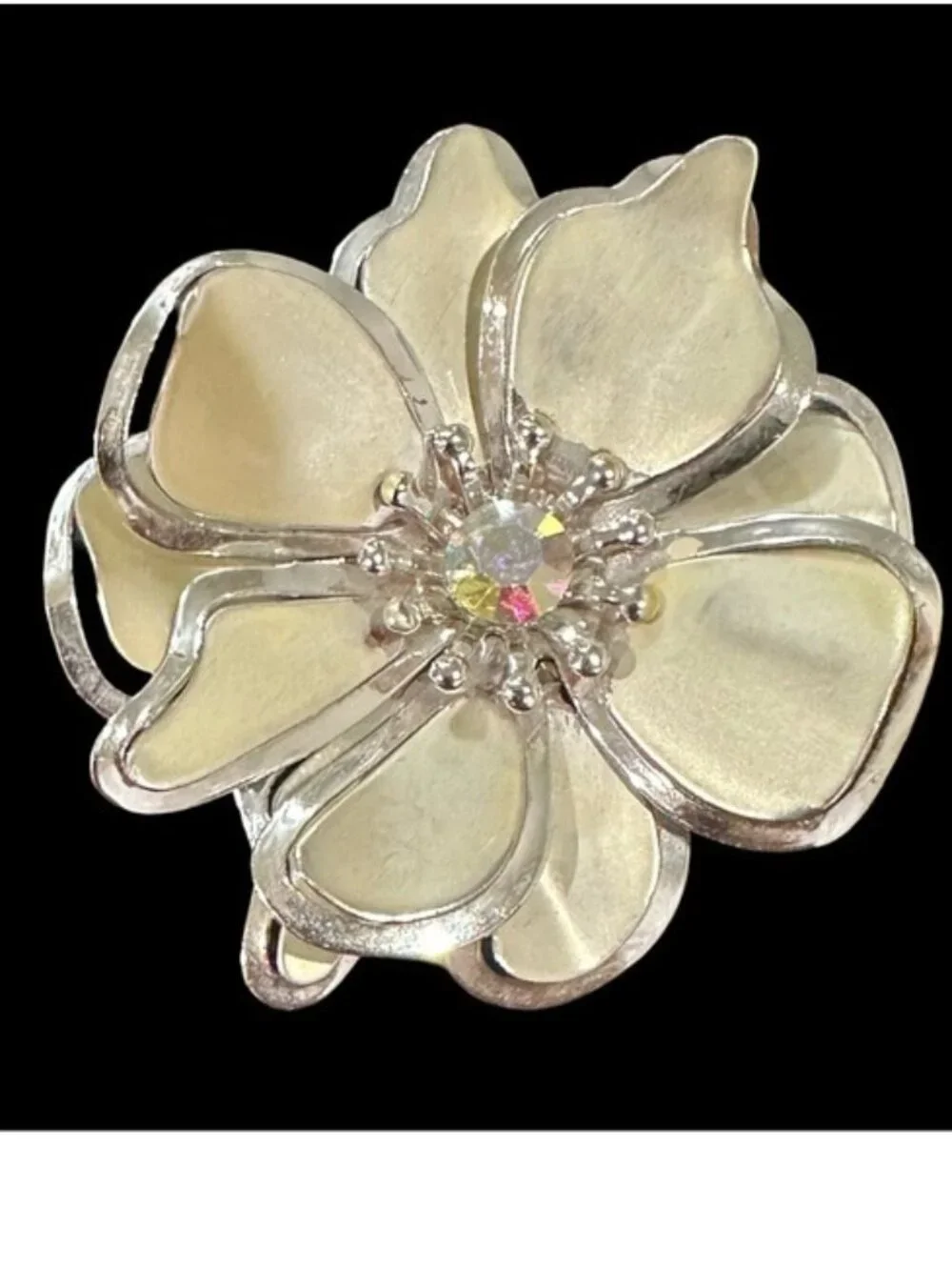 Vintage Brooch Flower Shaped AB Crystal Center Gold Silver Tone Costume Jewelry